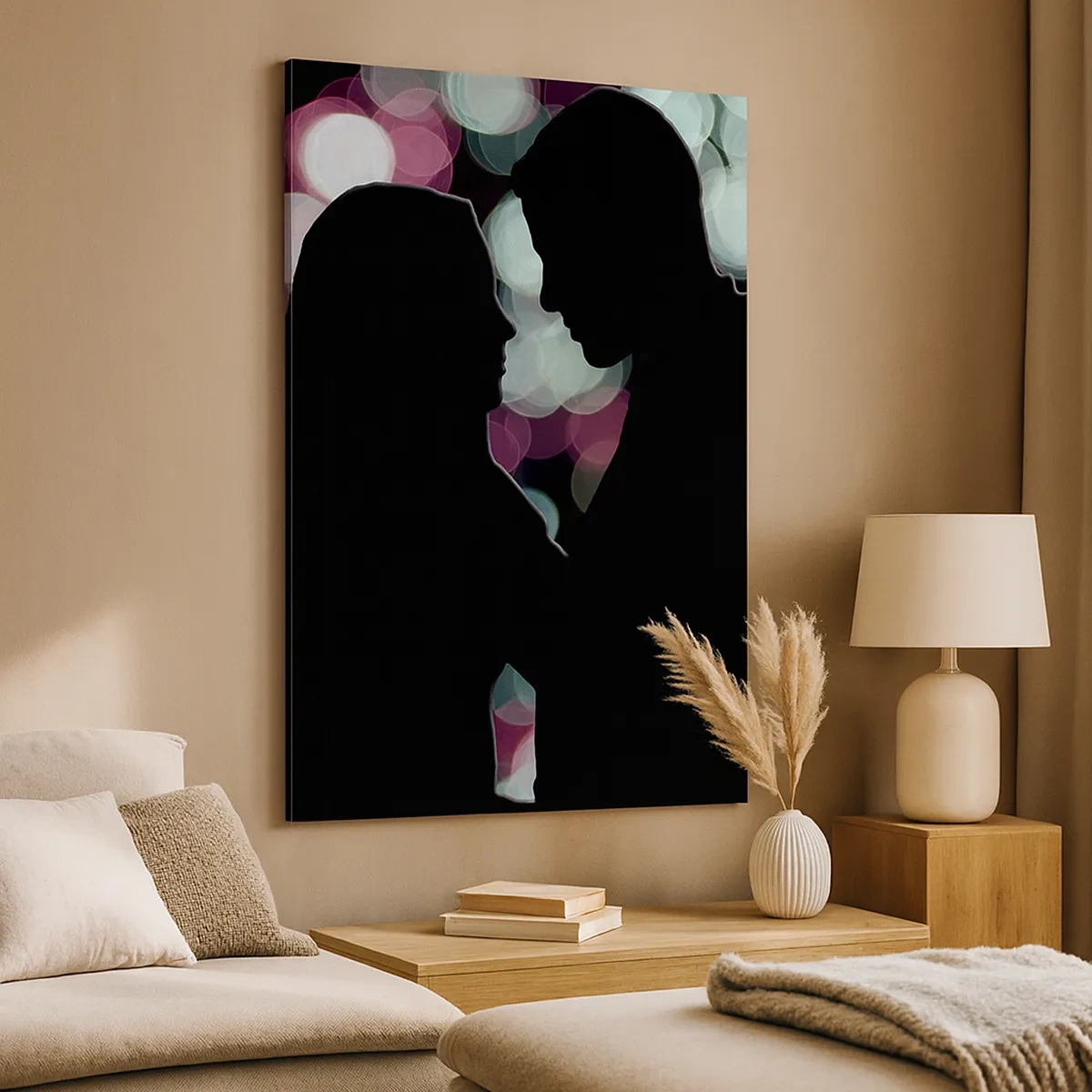 Impression sur toile - Image sur toile - Silhouettes d'un couple sur fond de lumières bokeh colorées - 50x70cm - Oui! - Décoration murale moderne pour le salon et la chambre ARTTOR