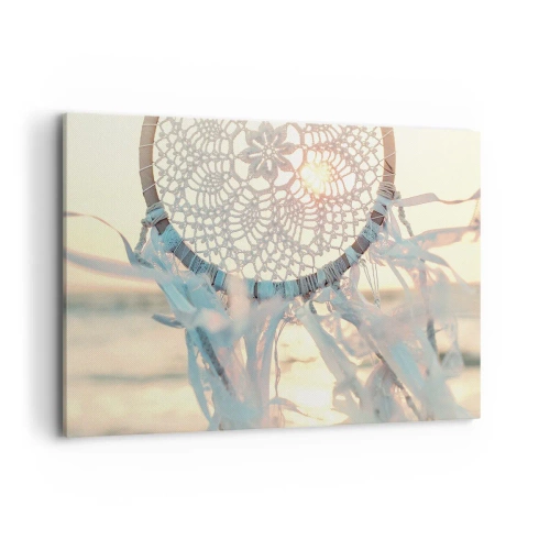 Impression sur toile - Image sur toile - Un attrape-rêves délicat sur fond de soleil couchant - 120x80cm - Totem en dentelle - Décoration murale moderne pour le salon et la chambre ARTTOR