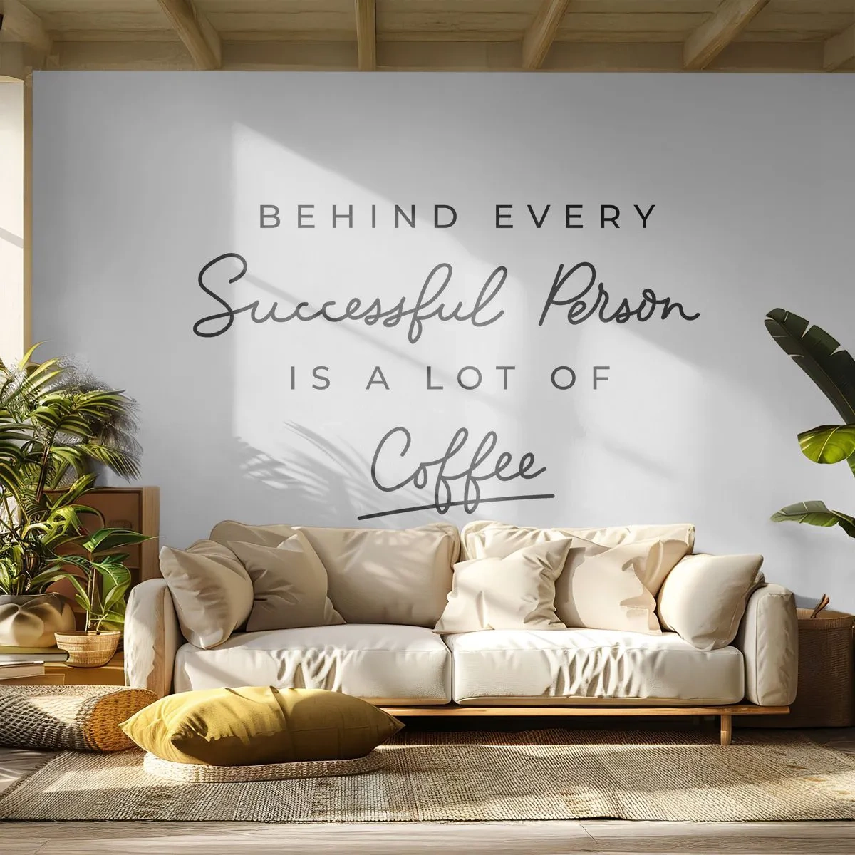 Papier Peint Photo Premium Sand - Citation de motivation sur le succès et le café sur fond blanc - 100x70cm - Secret du succès - Décoration murale moderne pour le salon et la chambre ARTTOR