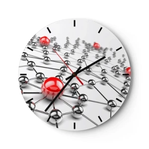 Horloge murale - Pendule murale - Structure moléculaire avec des accents rouges sur fond blanc - 30x30cm - Toile argentée - Décoration murale moderne pour le salon, la cuisine et la chambre ARTTOR