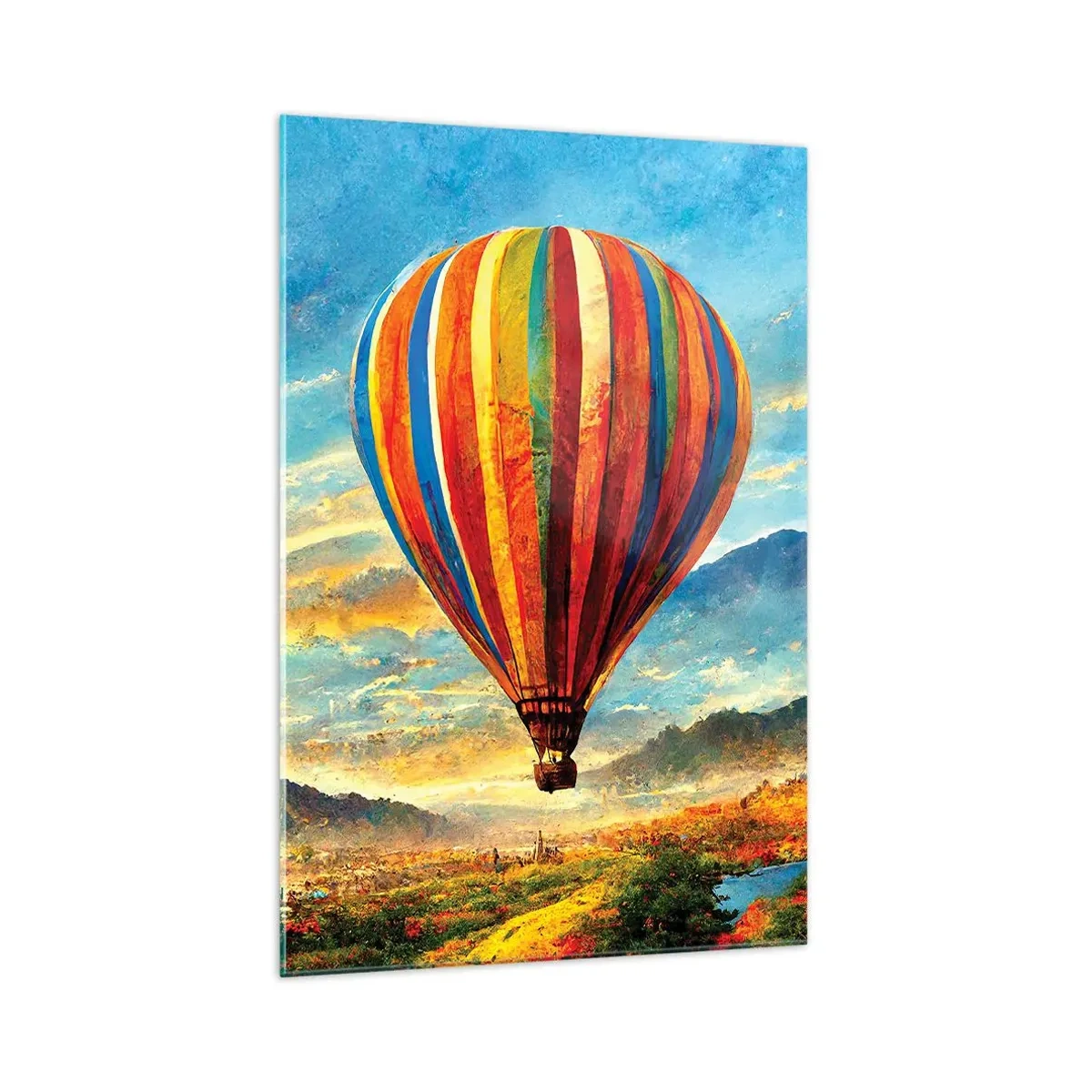 Impression sur verre - Image sur verre - Un ballon coloré au-dessus d'un paysage pittoresque - 70x100cm - Dans le silence on voit mieux - Décoration murale moderne pour le salon et la chambre ARTTOR