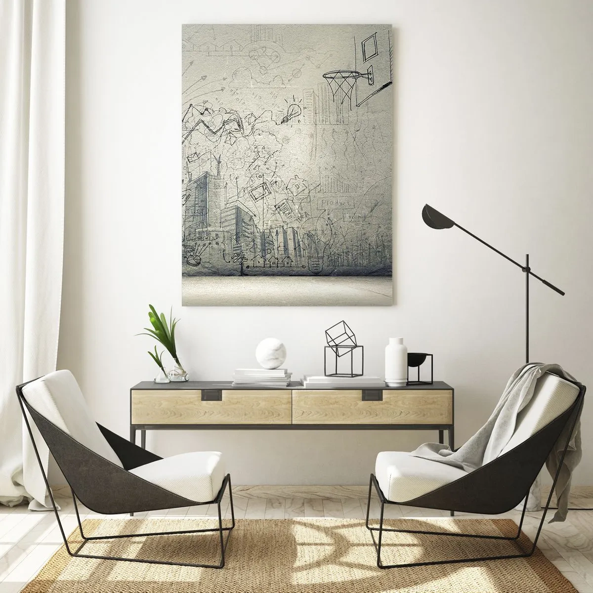 Impression sur verre - Image sur verre - Dessins et schémas sur fond de mur brut - 80x120cm - Ma vie fantastique en ville - Décoration murale moderne pour le salon et la chambre ARTTOR