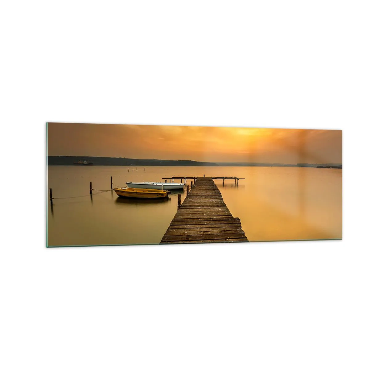 Impression sur verre - Image sur verre - Jetée en bois et bateaux sur le lac au coucher du soleil - 140x50cm - Je t'ouvrirai le ciel d'or - Décoration murale moderne pour le salon et la chambre ARTTOR