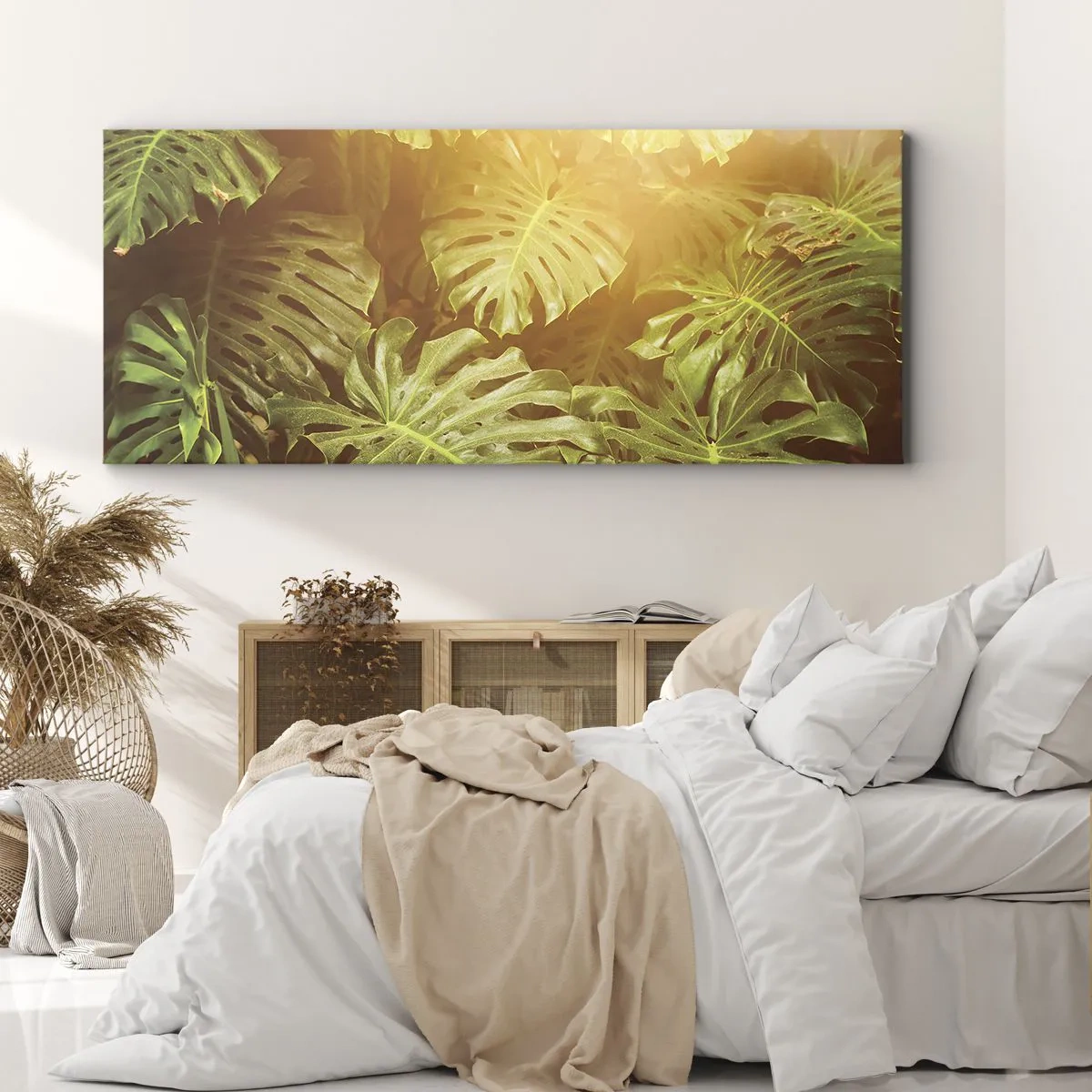 Impression sur toile - Image sur toile - Feuilles de Monstera au soleil sur fond naturel - 120x50cm - Se fondre dans la verdure - Décoration murale moderne pour le salon et la chambre ARTTOR
