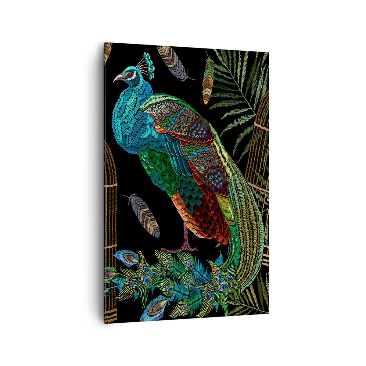 Impression sur toile - Image sur toile - Paons à côté d'une cage dorée sur fond noir - 80x120cm - En robes royales - Décoration murale moderne pour le salon et la chambre ARTTOR