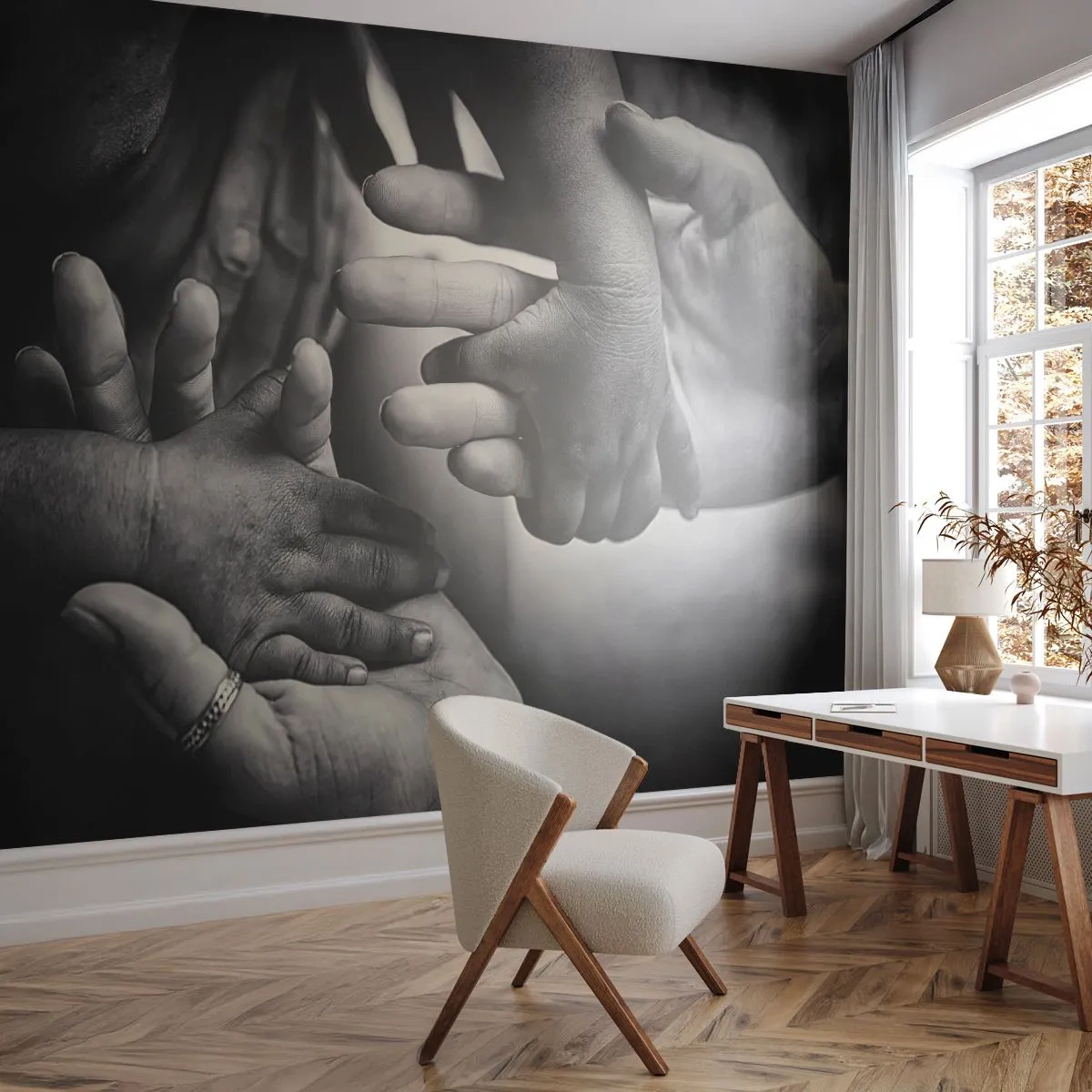 Papier Peint Photo Premium Sand - Mains symboliques d'adultes et d'enfants entrelacées dans un geste de proximité - 100x70cm - Être humain - Décoration murale moderne pour le salon et la chambre ARTTOR