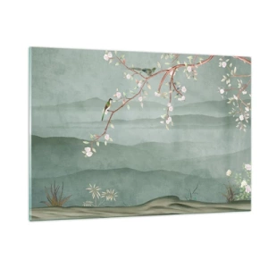 Impression sur verre - Image sur verre - Une branche avec des fleurs et des oiseaux sur un fond de collines verdoyantes - 120x80cm - Printemps oh c'est toi - Décoration murale moderne pour le salon et la chambre ARTTOR