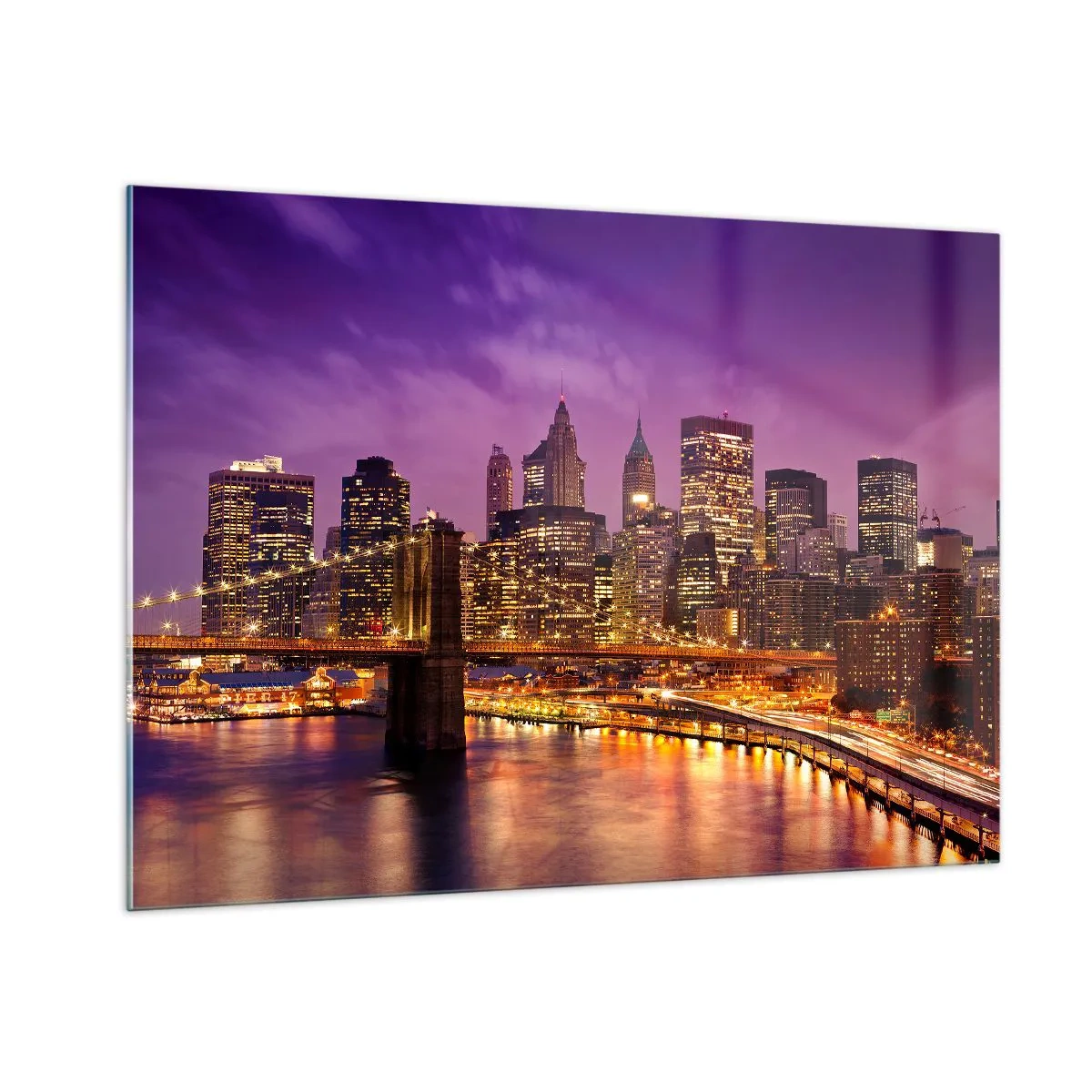 Impression sur verre - Image sur verre - Vue nocturne de New York avec le pont de Brooklyn - 100x70cm - Manhathann or violet - Décoration murale moderne pour le salon et la chambre ARTTOR