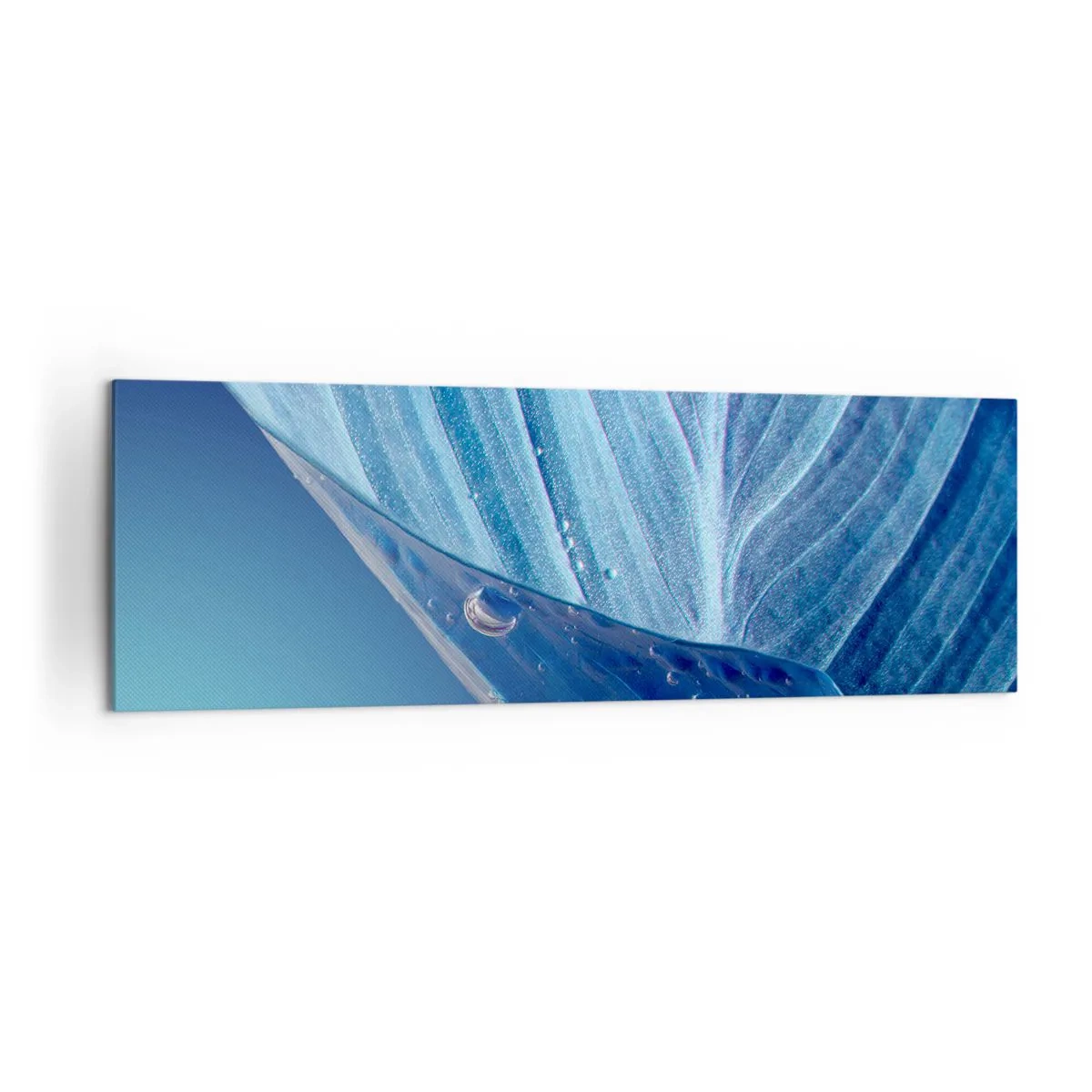 Impression sur toile - Image sur toile - Une feuille bleue avec des gouttes d'eau visibles - 160x50cm - Gouttes cachées du bleu - Décoration murale moderne pour le salon et la chambre ARTTOR