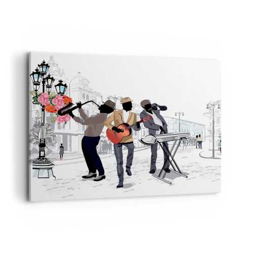 Impression sur toile - Image sur toile - Des musiciens de rue jouent dans un paysage urbain - 100x70cm - Musique de rue - Décoration murale moderne pour le salon et la chambre ARTTOR