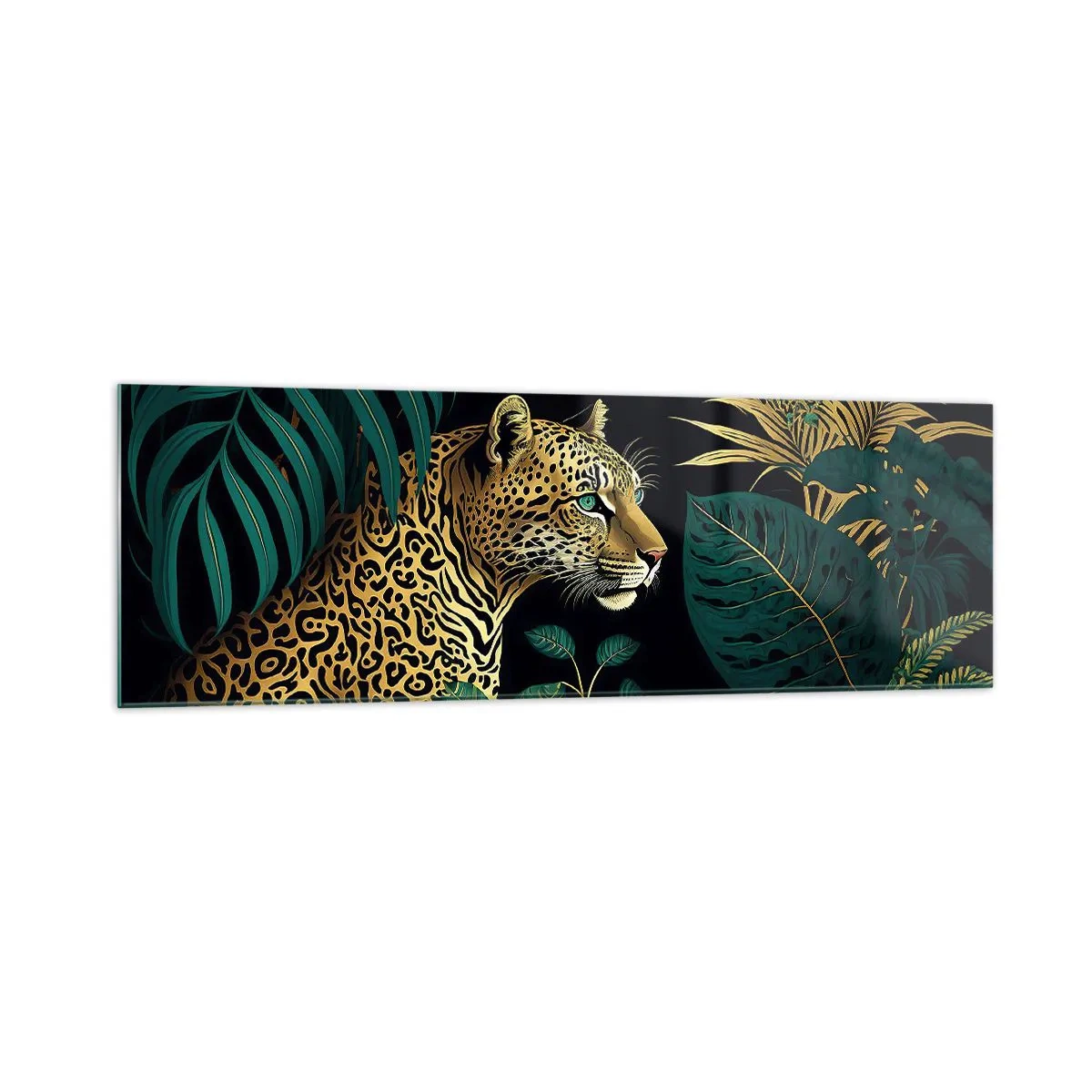 Impression sur verre - Image sur verre - Léopard dans des feuilles tropicales sur fond noir - 160x50cm - Un hôte dans la jungle - Décoration murale moderne pour le salon et la chambre ARTTOR