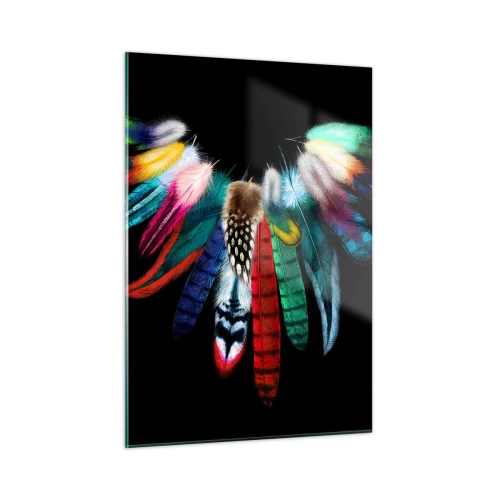 Impression sur verre - Image sur verre - Plumes colorées disposées en ailes sur fond noir - 50x70cm - Collier indien - Décoration murale moderne pour le salon et la chambre ARTTOR