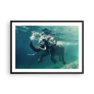 Affiche dans un cadre noir - Poster - Un éléphant nageant sous l'eau dans les profondeurs turquoise - 70x50cm - Tout le monde aime nager - Décoration murale moderne pour le salon et la chambre ARTTOR
