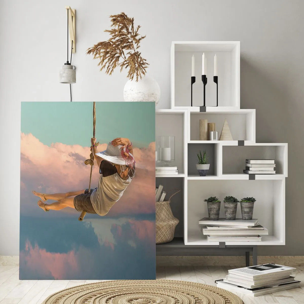 Impression sur verre - Image sur verre - Fille sur une balançoire parmi les nuages roses - 50x70cm - S'amuser dans les nuages - Décoration murale moderne pour le salon et la chambre ARTTOR