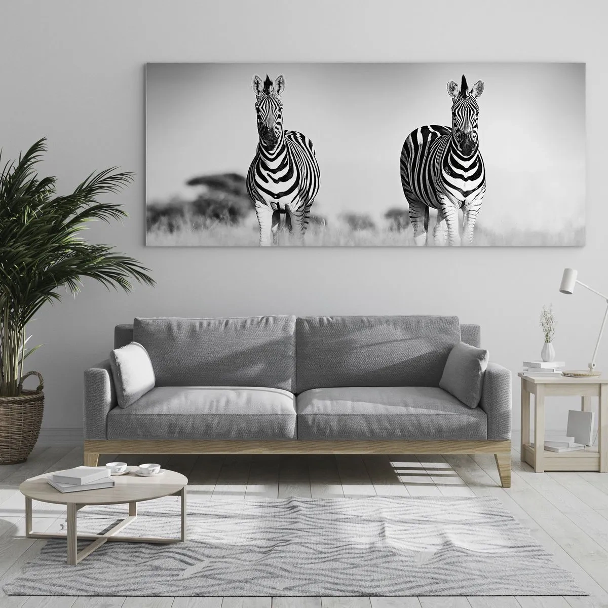 Impression sur verre - Image sur verre - Deux zèbres dans la savane dans un style monochrome - 120x50cm - Le monde est bel et bien noir et blanc - Décoration murale moderne pour le salon et la chambre ARTTOR