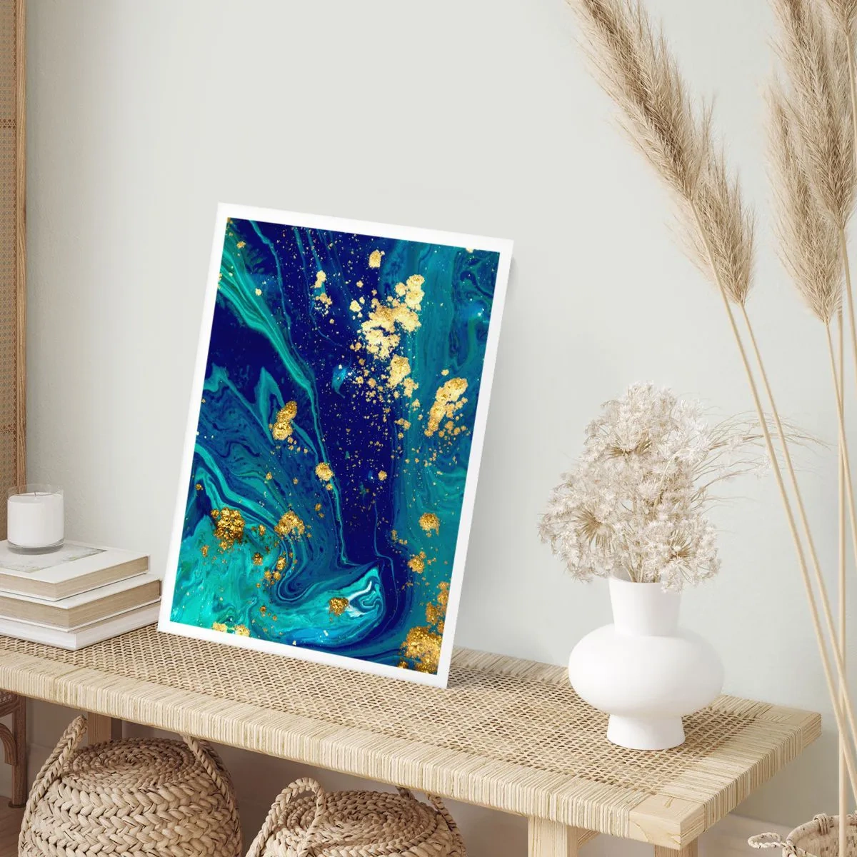 Affiche - Poster - Motif abstrait dans les tons de bleu et d'or - 50x70cm - Les pétales du soleil - Décoration murale moderne pour le salon et la chambre ARTTOR