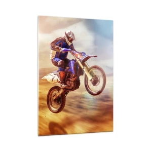 Impression sur verre - Image sur verre - Un motocycliste survolant un terrain sablonneux - 50x70cm - Vertiges à moto - Décoration murale moderne pour le salon et la chambre ARTTOR