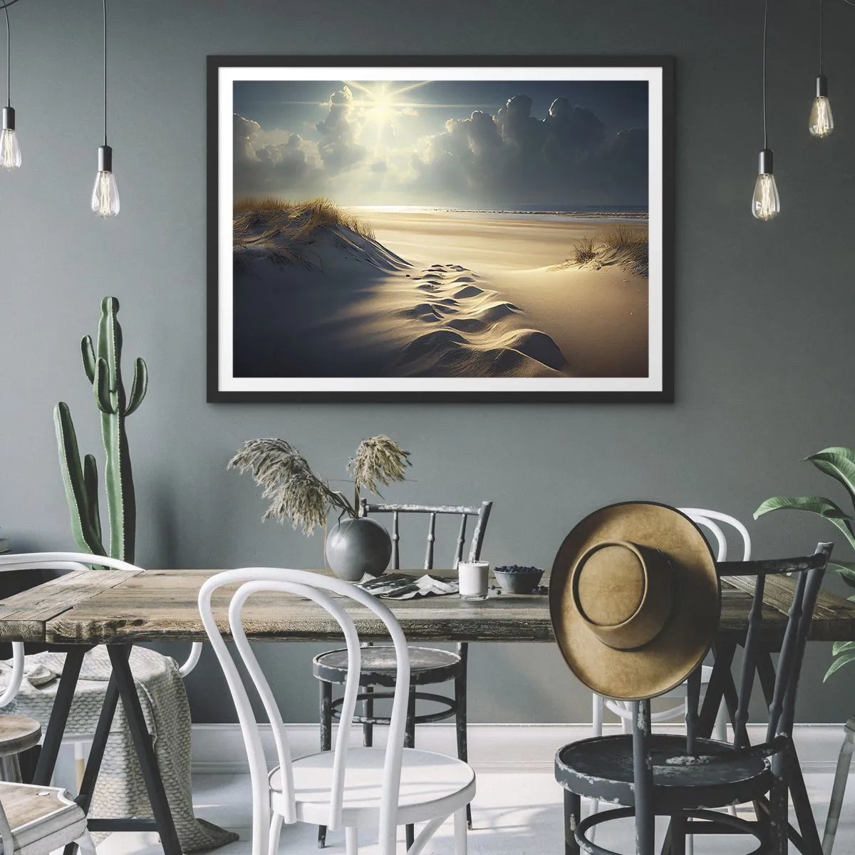 Affiche dans un cadre noir - Poster - Dunes dorées sur la plage au coucher du soleil avec vue sur la mer - 70x50cm - Un paysage apaisant - Décoration murale moderne pour le salon et la chambre ARTTOR