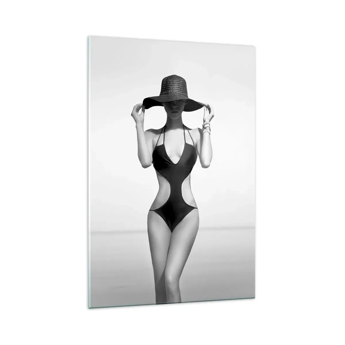 Impression sur verre - Image sur verre - Silhouette noire et blanche d'une femme portant un chapeau sur fond de mer - 70x100cm - Mon prénom? Élégance - Décoration murale moderne pour le salon et la chambre ARTTOR