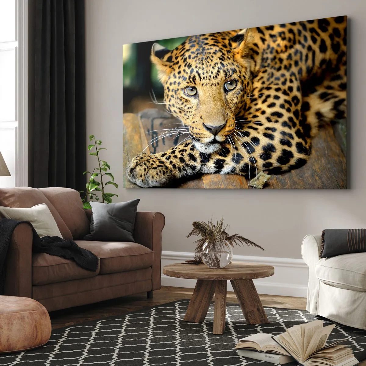 Impression sur toile - Image sur toile - Portrait d'un léopard dans son environnement naturel - 120x80cm - N'aie pas peur, viens - Décoration murale moderne pour le salon et la chambre ARTTOR