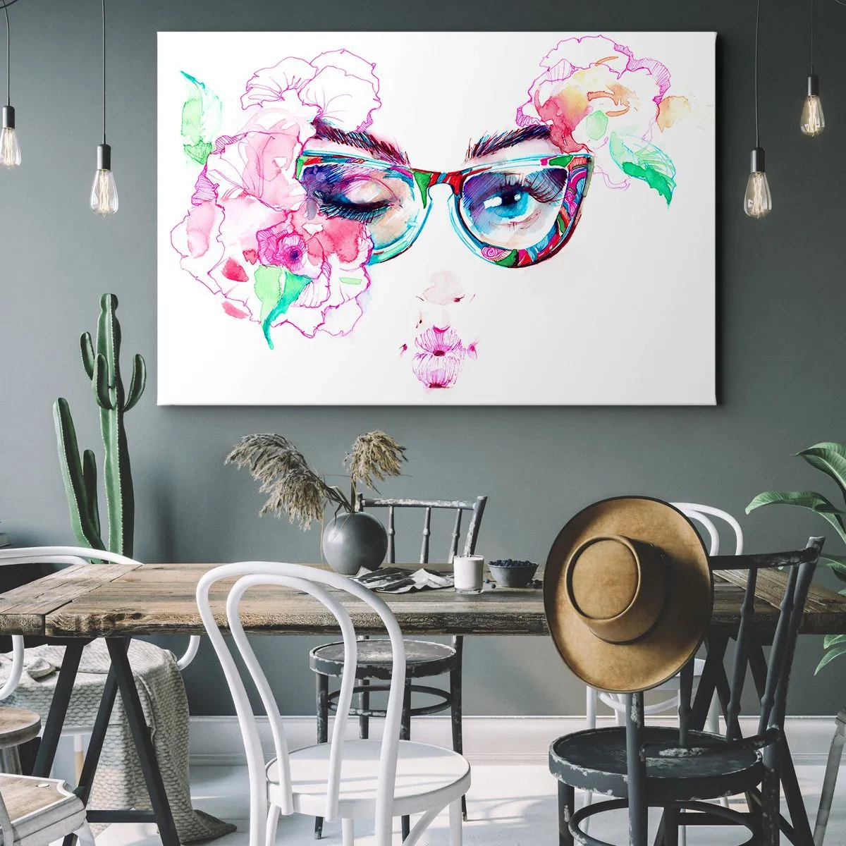 Impression sur toile - Image sur toile - Visage aquarelle avec des lunettes colorées et des fleurs - 100x70cm - Une promesse tentante - Décoration murale moderne pour le salon et la chambre ARTTOR