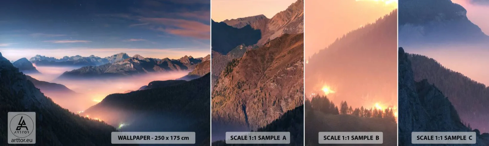 Échantillon de Papier Peint Autocollant Deluxe Sticker - Lumière dans les vallées - Paysage, Montagnes, Forêt - 100x30 cm