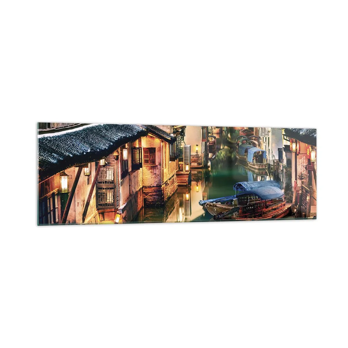 Impression sur verre - Image sur verre - Vue nocturne des canaux avec bateaux et maisons traditionnels - 160x50cm - Soirée dans une rue chinoise - Décoration murale moderne pour le salon et la chambre ARTTOR