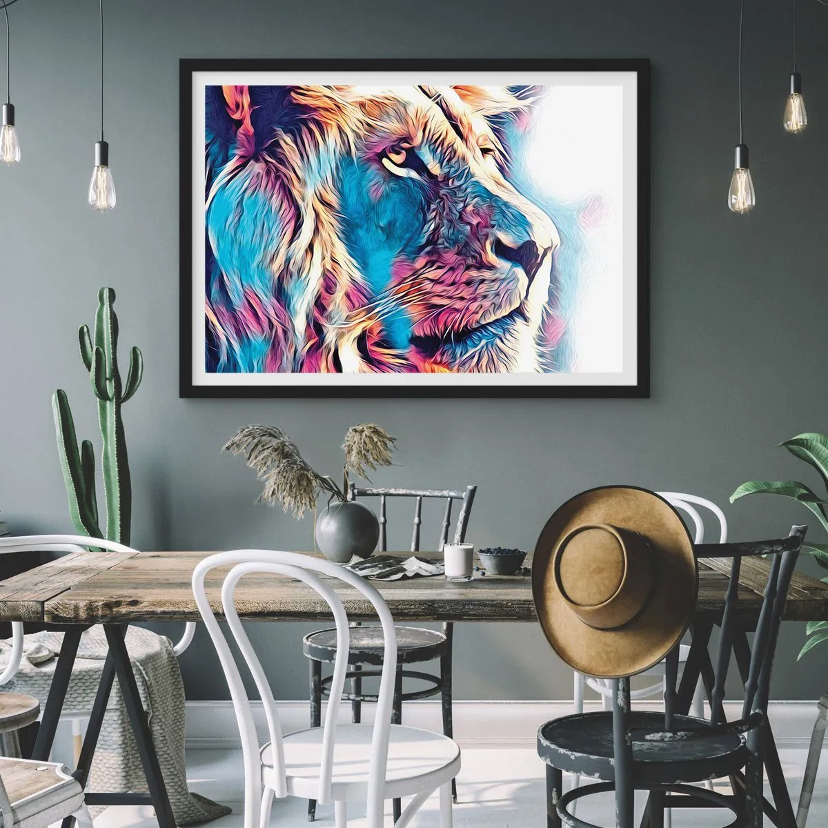 Affiche dans un cadre noir - Poster - Portrait d'un lion aux couleurs vives et abstraites - 70x50cm - L'intelligence de la nature - Décoration murale moderne pour le salon et la chambre ARTTOR