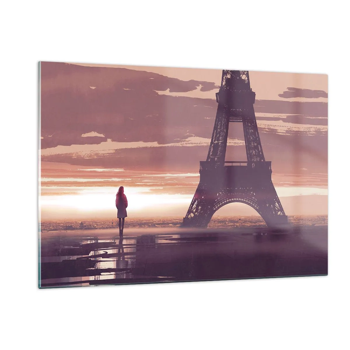 Impression sur verre - Image sur verre - La Tour Eiffel au coucher du soleil avec la silhouette d'une personne - 120x80cm - Seulement deux d'entre eux - Décoration murale moderne pour le salon et la chambre ARTTOR