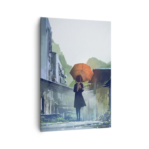 Impression sur toile - Image sur toile - Une silhouette avec un parapluie dans une ville pluvieuse - 70x100cm - Pluie vivifiante - Décoration murale moderne pour le salon et la chambre ARTTOR