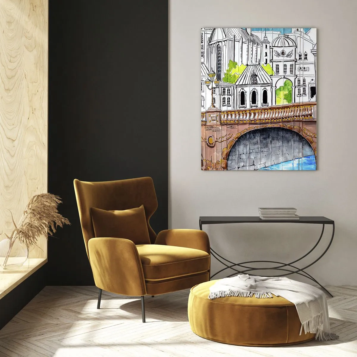 Impression sur verre - Image sur verre - Le pont et l'architecture urbaine sous forme d'esquisse à l'aquarelle - 50x70cm - Une ville comme peinte - Décoration murale moderne pour le salon et la chambre ARTTOR