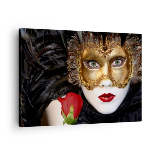 Impression sur toile - Image sur toile - Masque vénitien doré avec plumes et rose rouge, motif mystérieux. - 70x50cm - Parce que la vie est un grand bal - Décoration murale moderne pour le salon et la chambre ARTTOR