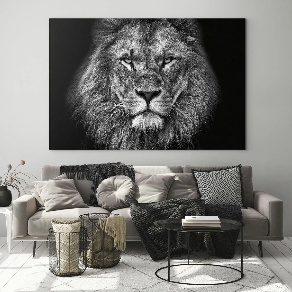 Impression sur verre - Image sur verre - Portrait d'un lion en noir et blanc avec une crinière majestueuse - 70x50cm - En vêtement de sacre - Décoration murale moderne pour le salon et la chambre ARTTOR