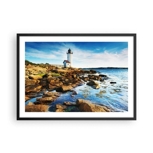 Affiche dans un cadre noir - Poster - Un phare sur une côte rocheuse par une journée ensoleillée - 70x50cm - Revenez heureux, j'attends - Décoration murale moderne pour le salon et la chambre ARTTOR