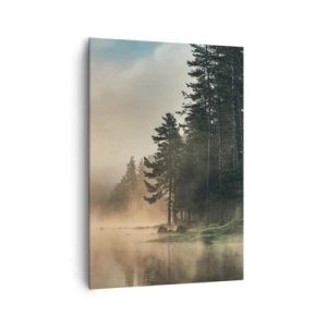 Impression sur toile - Image sur toile - Une forêt brumeuse sur un lac calme - 70x100cm - Naissance du jour - Décoration murale moderne pour le salon et la chambre ARTTOR