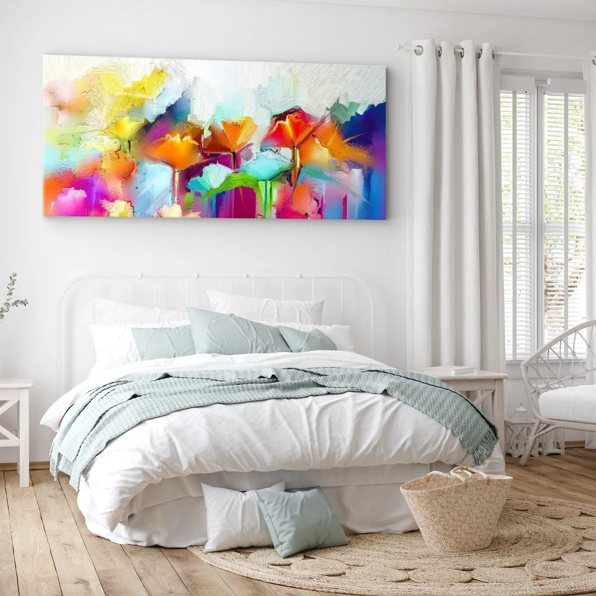 Impression sur toile - Image sur toile - Fleurs colorées abstraites sur fond clair - 140x50cm - L'arc-en-ciel s'est épanoui - Décoration murale moderne pour le salon et la chambre ARTTOR