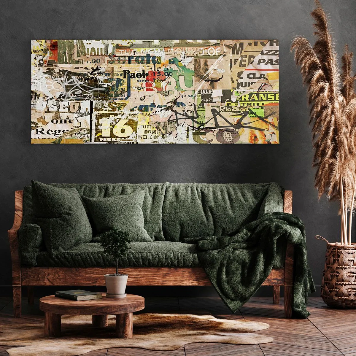 Impression sur toile - Image sur toile - Un collage de fragments de journaux et d'affiches dans un style artistique. - 120x50cm - Oh, il se passe quelque chose... - Décoration murale moderne pour le salon et la chambre ARTTOR