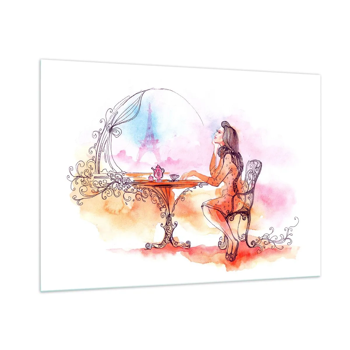 Impression sur verre - Image sur verre - Une femme à une table avec vue sur la Tour Eiffel dans des tons pastel - 100x70cm - Le chic parisien - Décoration murale moderne pour le salon et la chambre ARTTOR