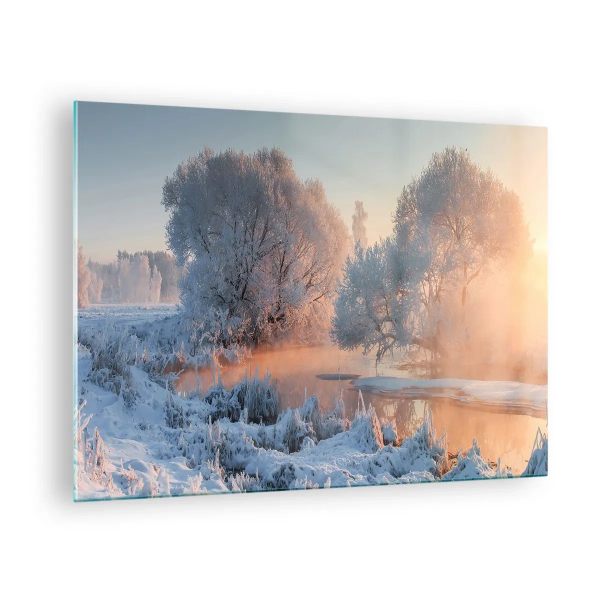 Impression sur verre - Image sur verre - Paysage d'hiver avec un lac gelé et un brouillard matinal - 70x50cm - Tout dans le soleil brille en cristal - Décoration murale moderne pour le salon et la chambre ARTTOR