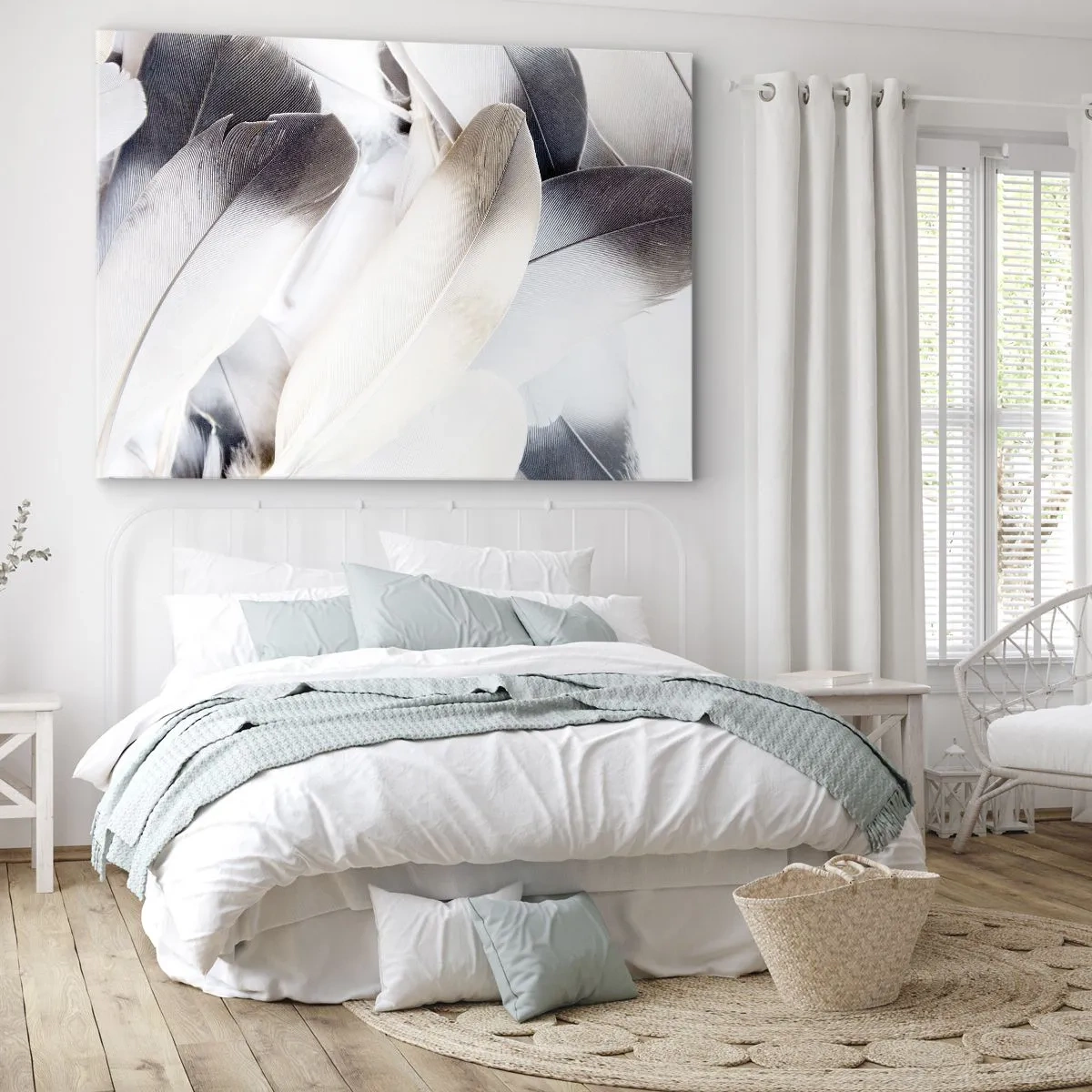 Impression sur toile - Image sur toile - Gros plan de plumes délicates dans des tons de blanc et de gris - 100x70cm - Presque angélique - Décoration murale moderne pour le salon et la chambre ARTTOR