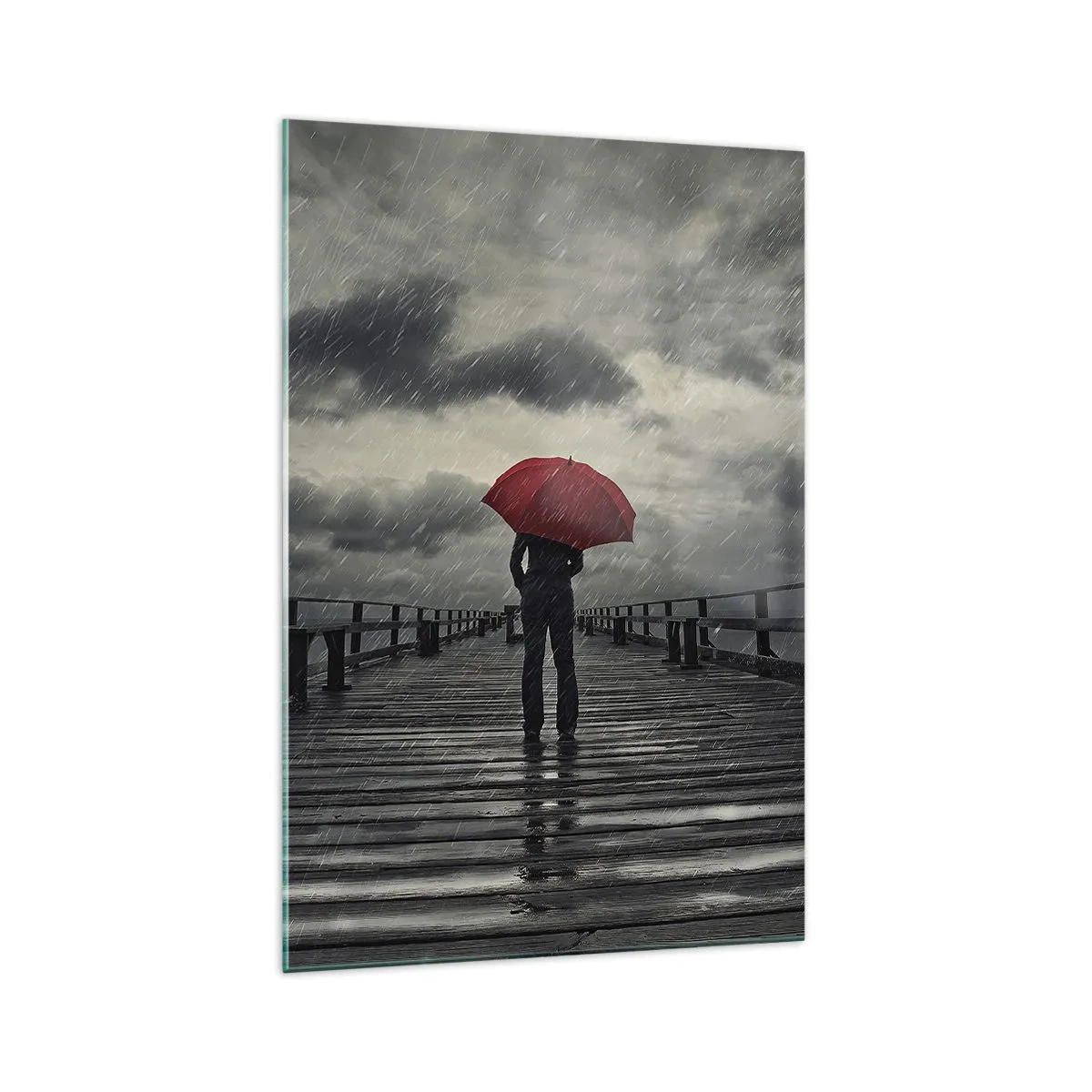Impression sur verre - Image sur verre - Une personne avec un parapluie rouge sur une jetée pluvieuse - 70x100cm - Peu importe qu'il pleuve - Décoration murale moderne pour le salon et la chambre ARTTOR