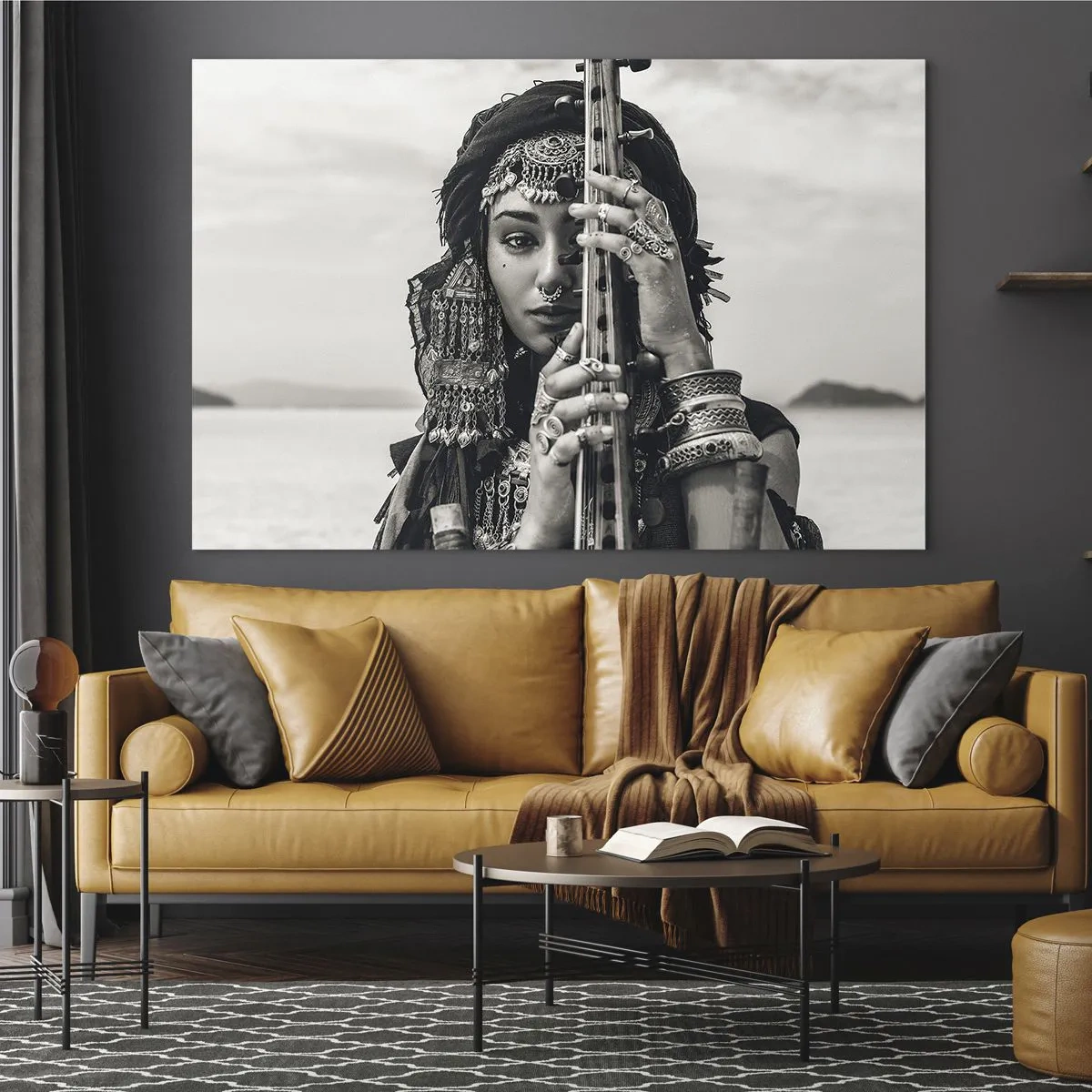 Impression sur verre - Image sur verre - Femme en bijoux orientaux avec un instrument - 120x80cm - Musique de l'Orient elle-même - Décoration murale moderne pour le salon et la chambre ARTTOR