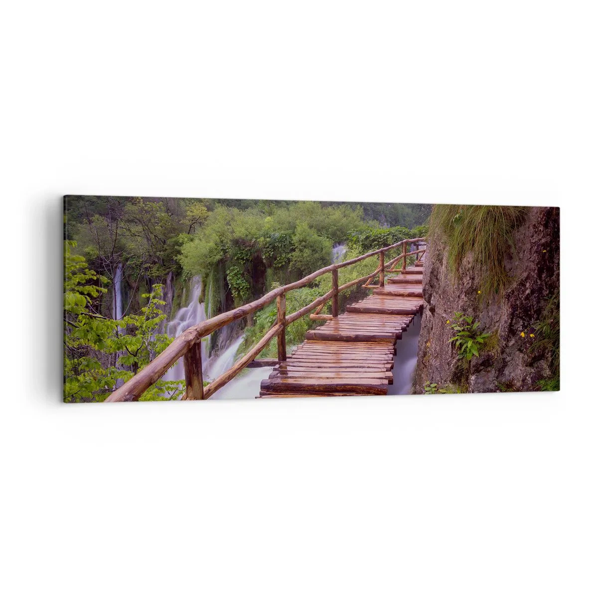 Impression sur toile - Image sur toile - Un pont surplombant les cascades au coucher du soleil - 140x50cm - La beauté au-delà de la croyance - Décoration murale moderne pour le salon et la chambre ARTTOR