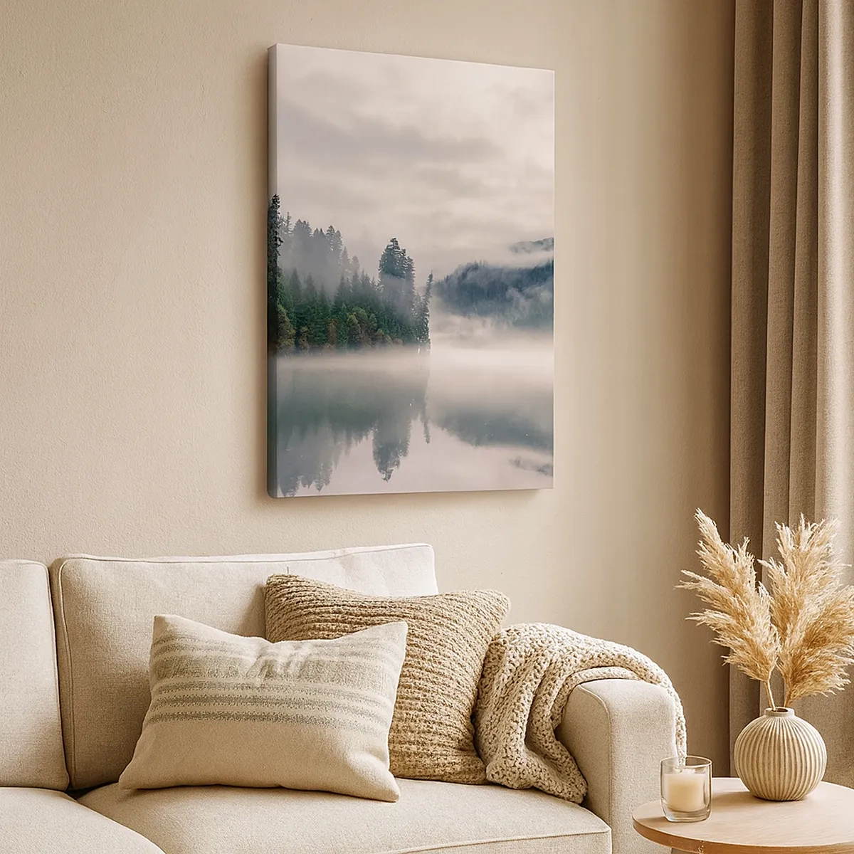 Impression sur toile - Image sur toile - Une forêt brumeuse se reflétant dans un lac calme - 50x70cm - Reflet dans le brouillard - Décoration murale moderne pour le salon et la chambre ARTTOR