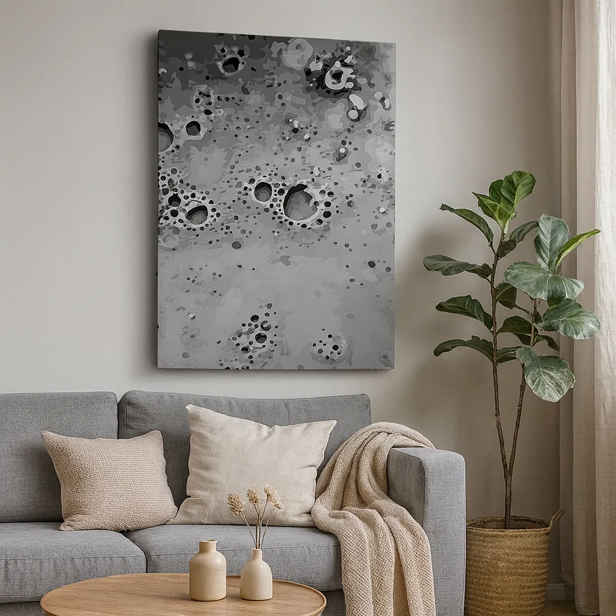 Impression sur toile - Image sur toile - Motif de bulles abstrait noir et blanc - 50x70cm - Comme un paysage lunaire - Décoration murale moderne pour le salon et la chambre ARTTOR