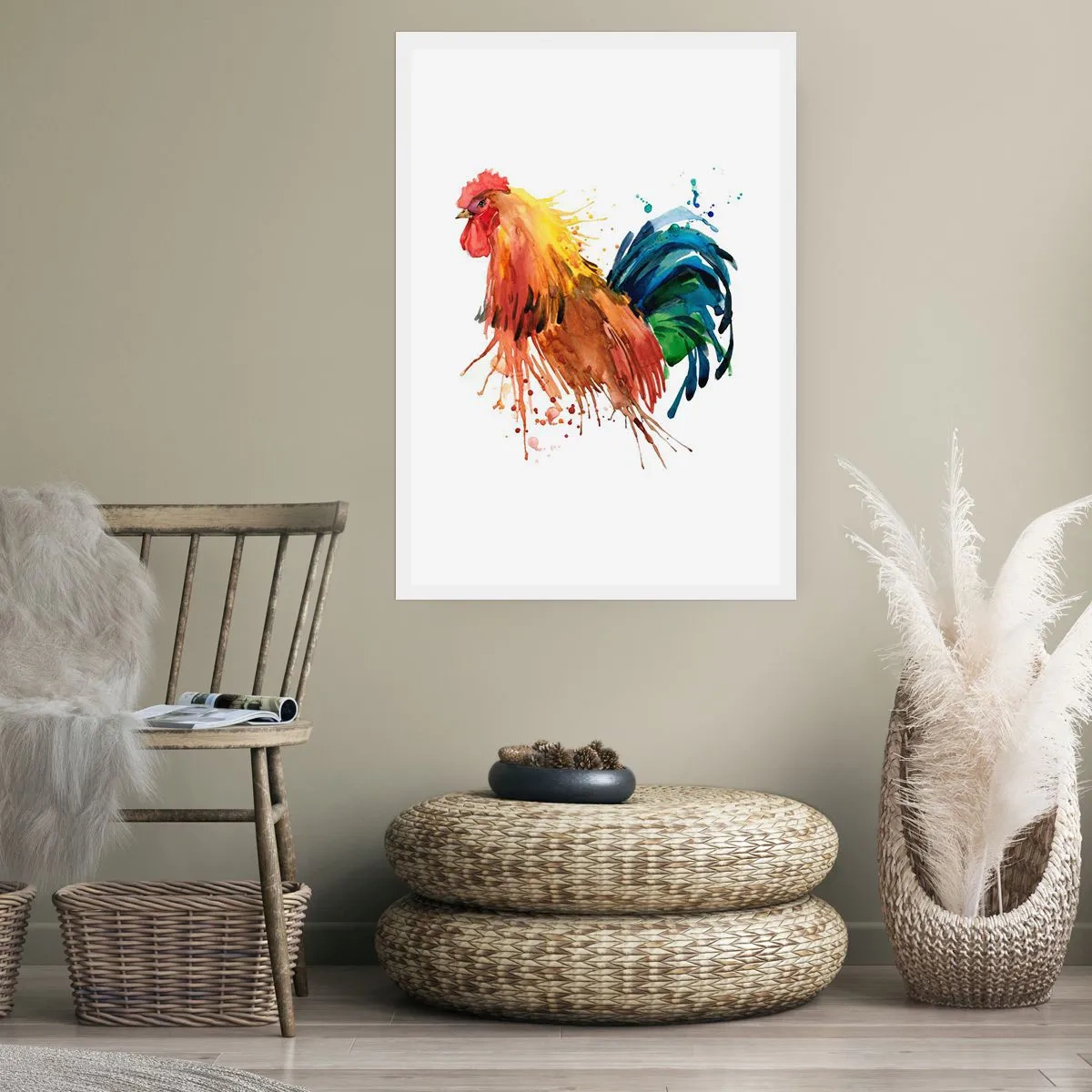 Affiche - Poster - Coq coloré dans un style aquarelle - 50x70cm - Robe royale, fierté royale - Décoration murale moderne pour le salon et la chambre ARTTOR