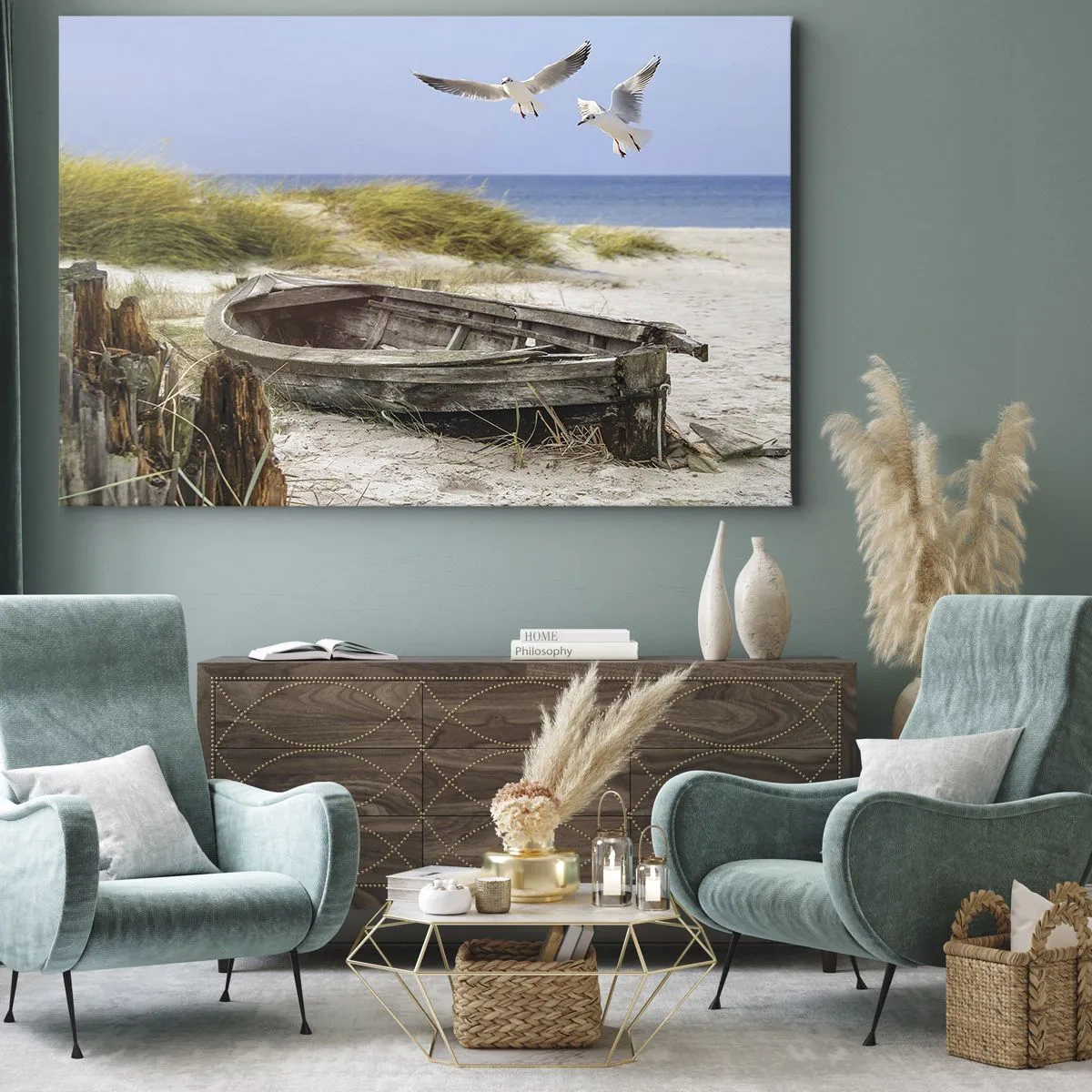 Impression sur toile - Image sur toile - Bateau abandonné sur une plage avec des mouettes - 70x50cm - Bain de vent - Décoration murale moderne pour le salon et la chambre ARTTOR