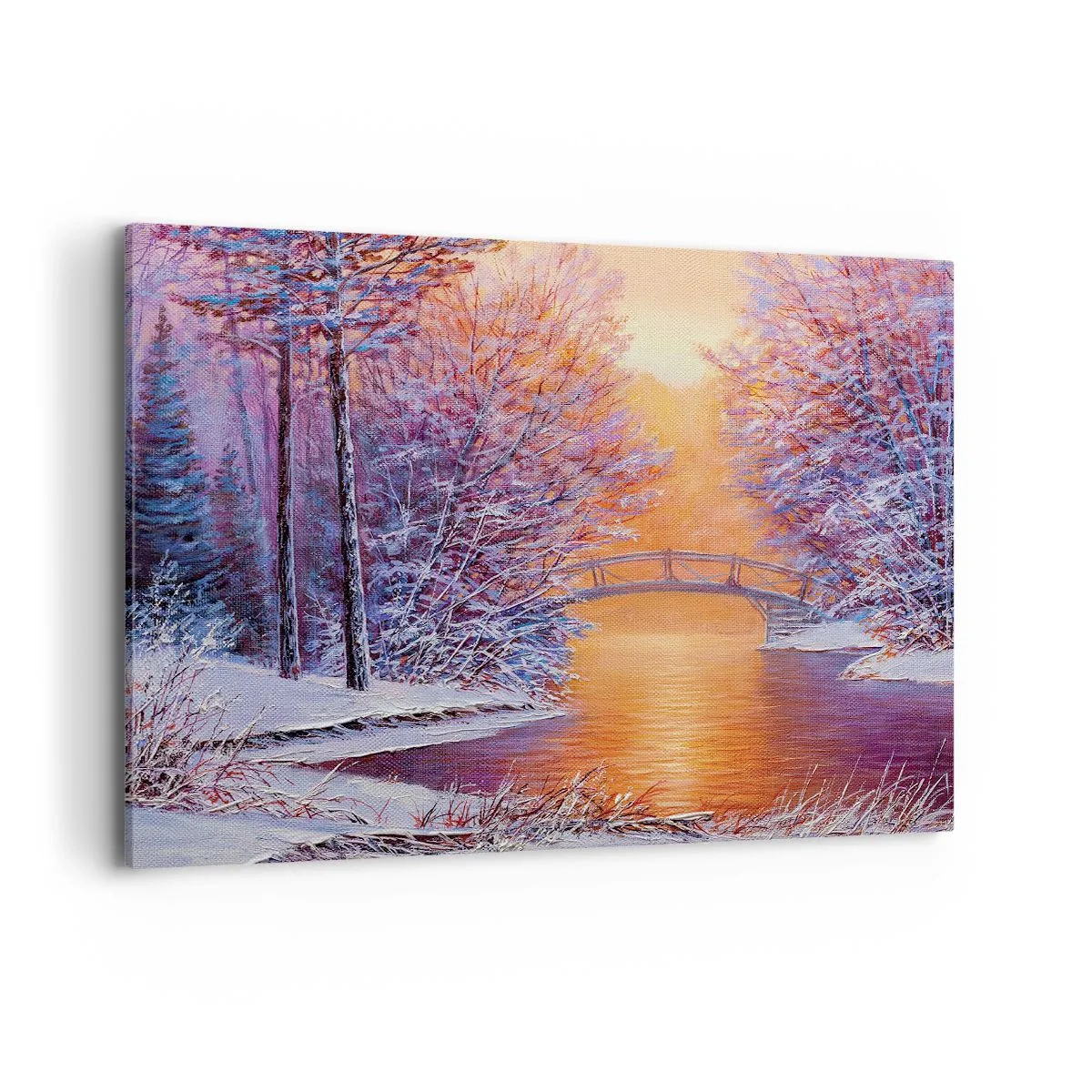 Impression sur toile - Image sur toile - Paysage d'hiver avec un pont et un coucher de soleil - 120x80cm - On se rencontre ici - Décoration murale moderne pour le salon et la chambre ARTTOR