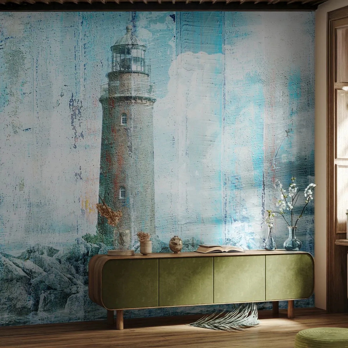 Papier Peint Autocollant Deluxe Sticker - Sur du vieux bois - Abstraction, Phare, Mer - 250x175 cm