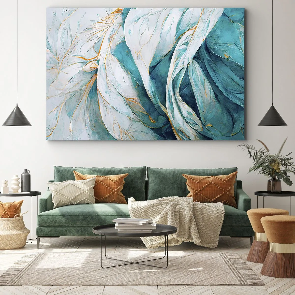 Impression sur toile - Image sur toile - Feuilles bleues abstraites avec des détails dorés - 120x80cm - Abstraction bleue avec un motif doré - Décoration murale moderne pour le salon et la chambre ARTTOR